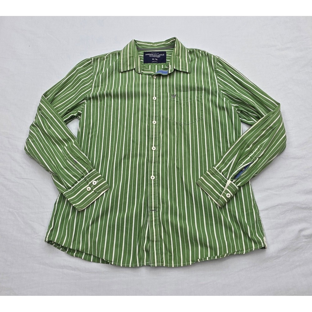 American Eagle Mens Size XL Vintage‎ Fit Green White Striped Button Down Shirt